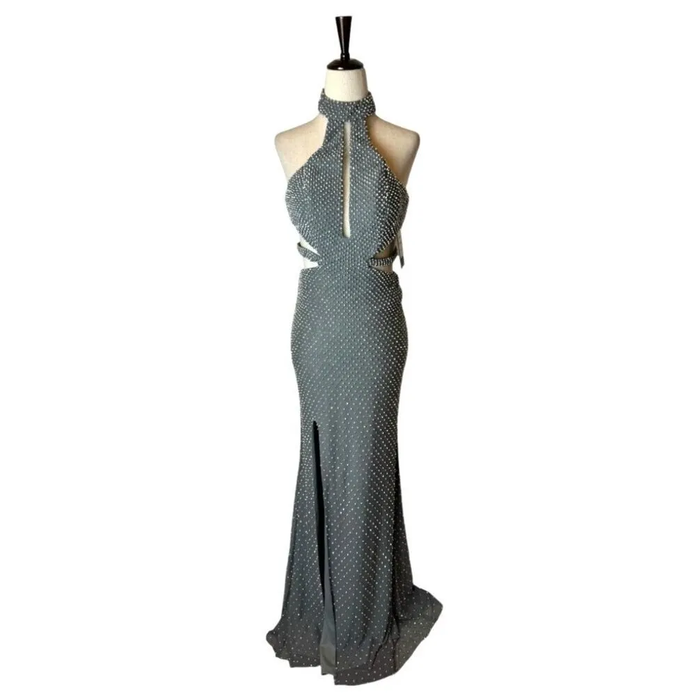 La Femme Dress Women 00‎ Gray Gunmetal Beaded High Neck Cut Out Formal Gown Prom - Image 3