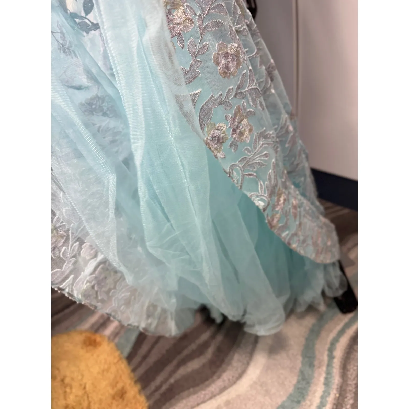 Morrell Maxie Size 4 Aqua White Floral Lace Off Shoulder Formal‎ Gown Blue - Image 12