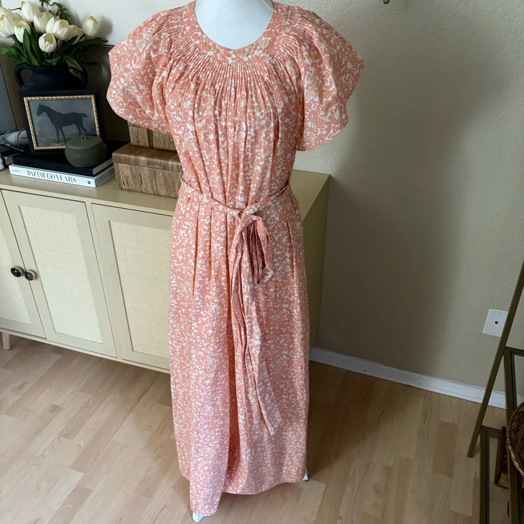 ULLA JOHNSON Peach Floral Cotton Coralie Wide Leg‎ Jumpsuit Size 6 Waist Tie - Image 2