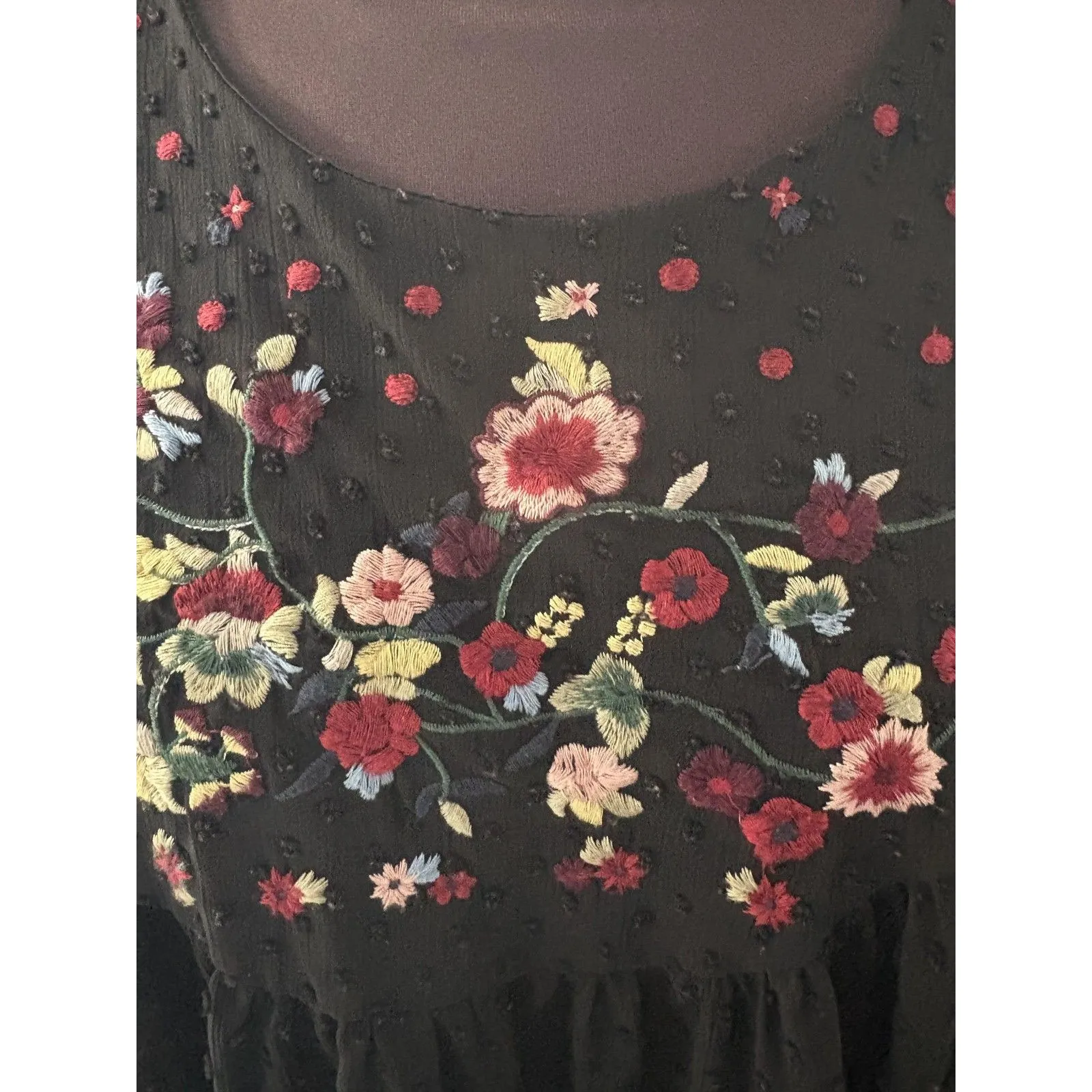 Tantrums Blouse Size Large Sleeveless Embroidered Floral Swiss Dot Boho Festival Black - Image 2