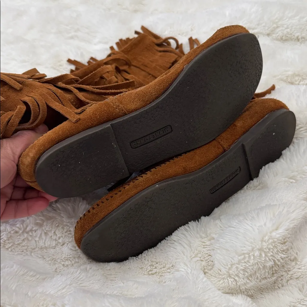 MINNETONKA Brown Suede Three Layer Fringe Boots, Size 9 - Image 4