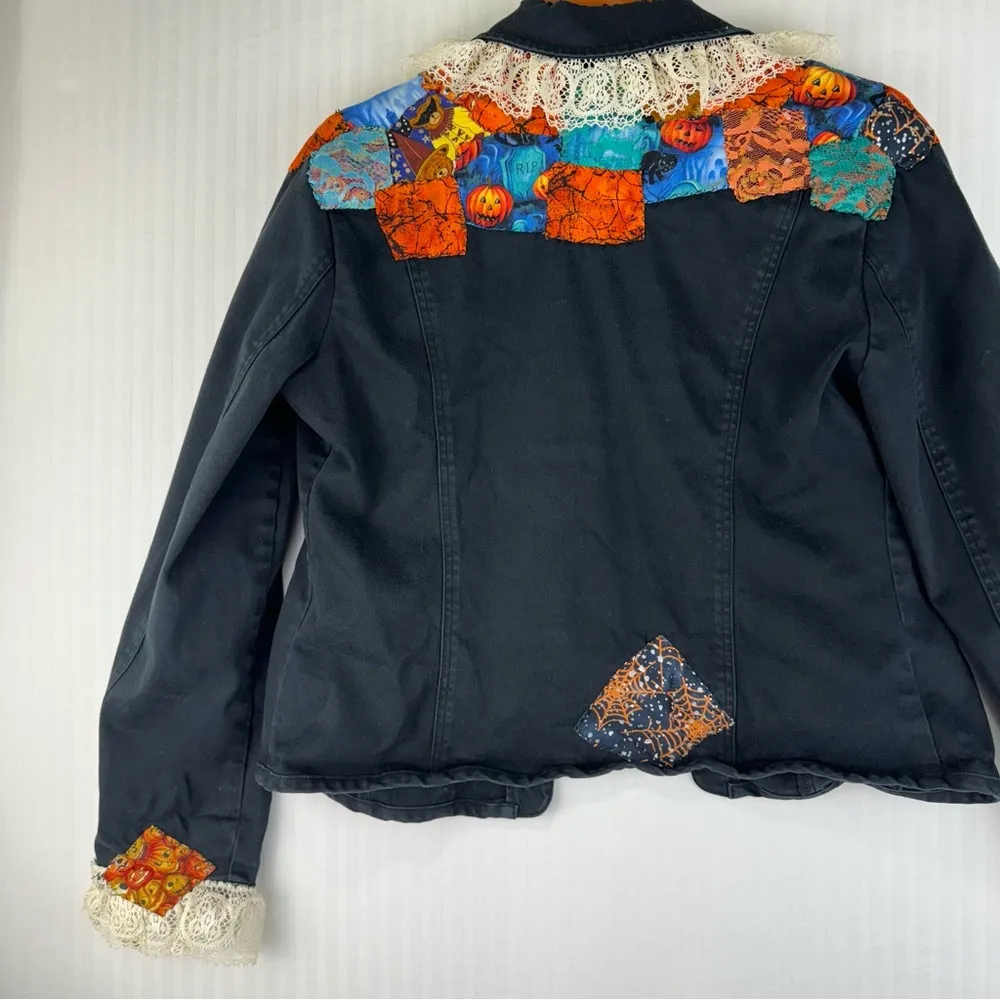 Ami Black Jacket Size Large Handmade Halloween Quilt Patches Lace Ruffle Vintage - Image 6