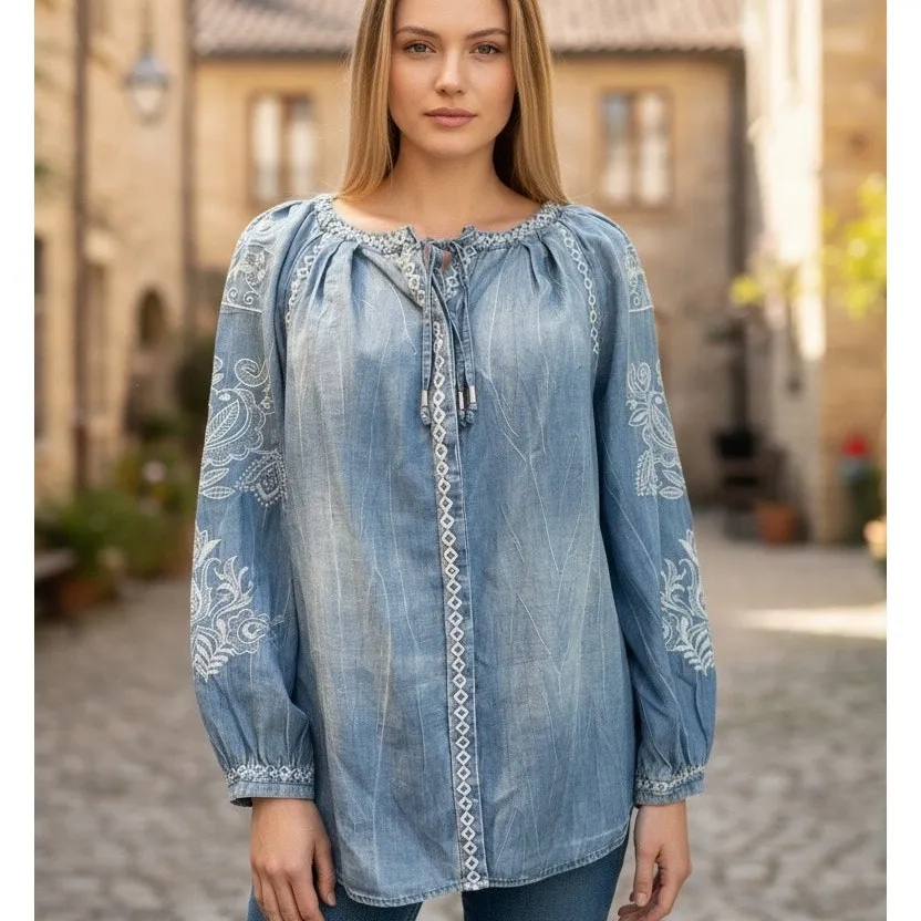 Vintage America Blues SZ SM Denim Embroidered Button Down Faded Crinkle Design Blue - Image 2