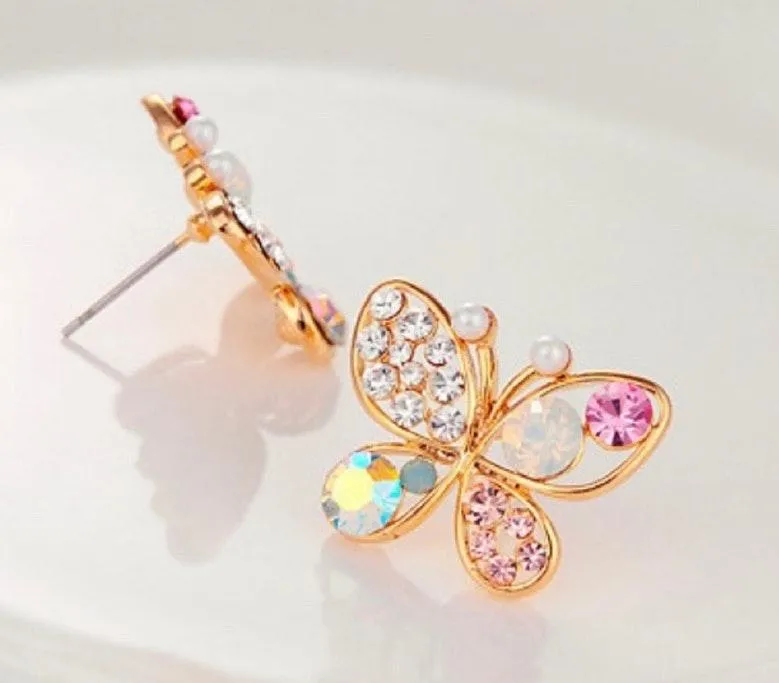 Colorful Crystal Butterfly Stud Earrings Gold - Image 3