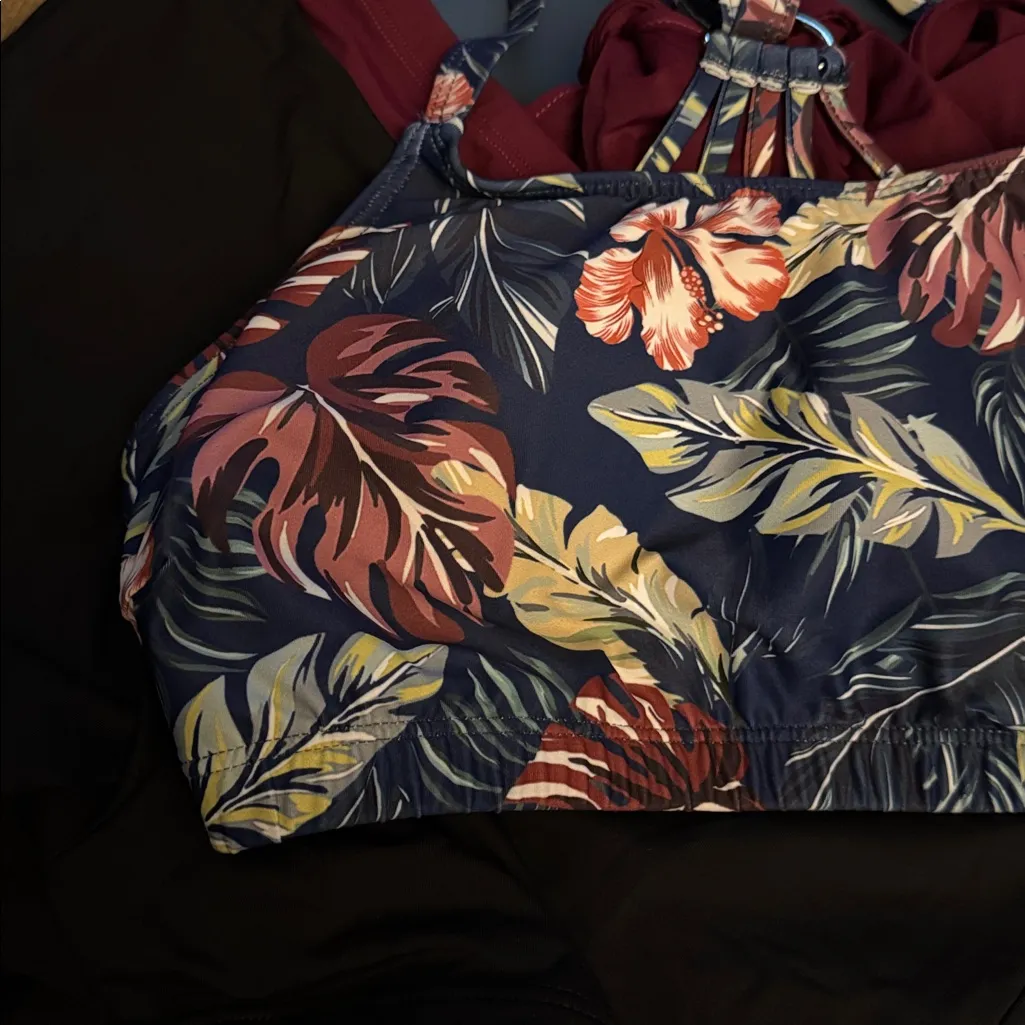 Aqua Eve 3 Piece Tankini Swimsuit Tank Shorts Open Back Purple Leaves S NWT - Image 9