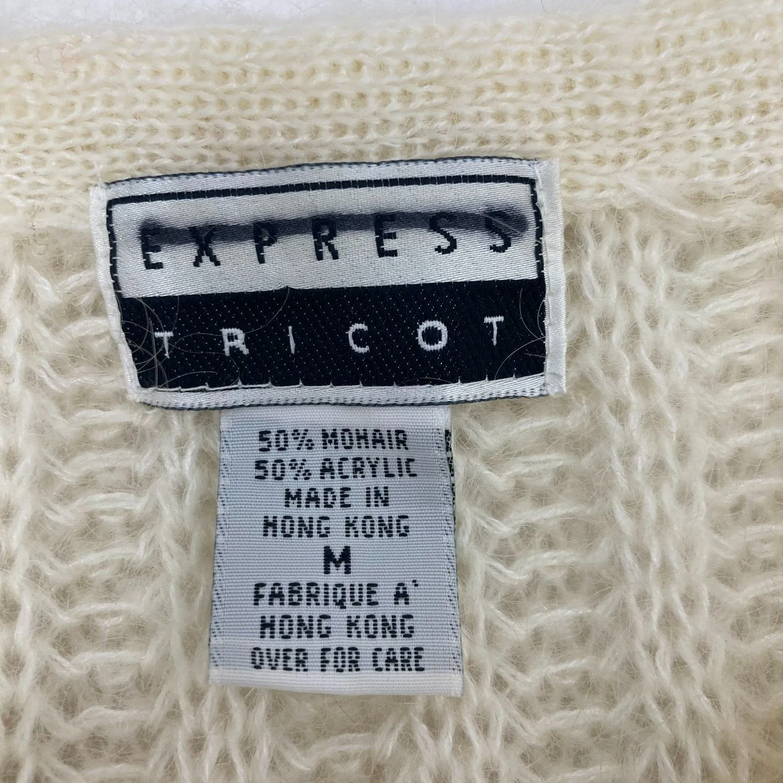Express Tricot Vintage Mohair Cardigan Cream Fuzzy Knit Hong Kong 90s M Size M - Image 8