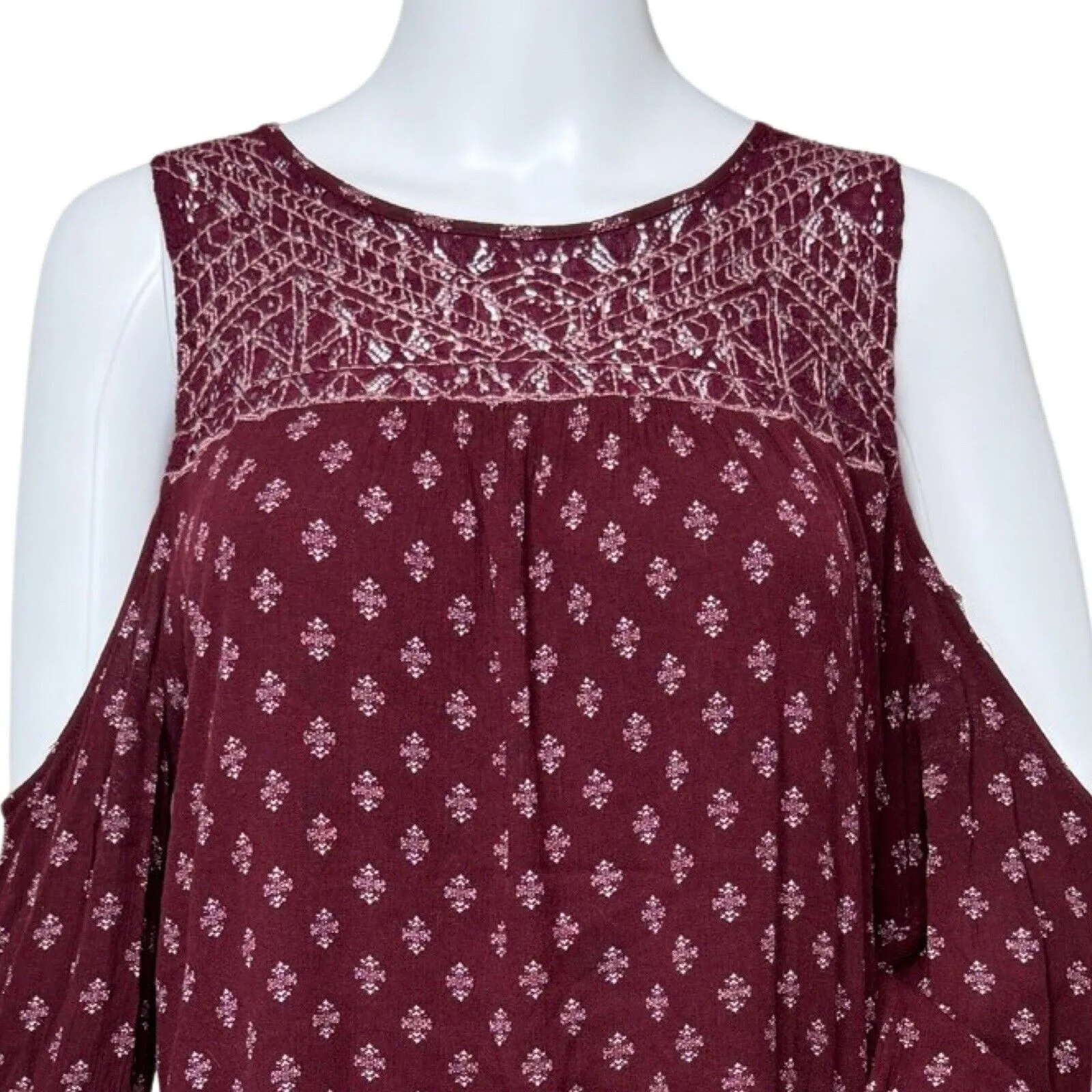 Lucky‎ Brand Dress Womens Large Burgundy White Geometric Boho Bohemian Peasant - Image 5