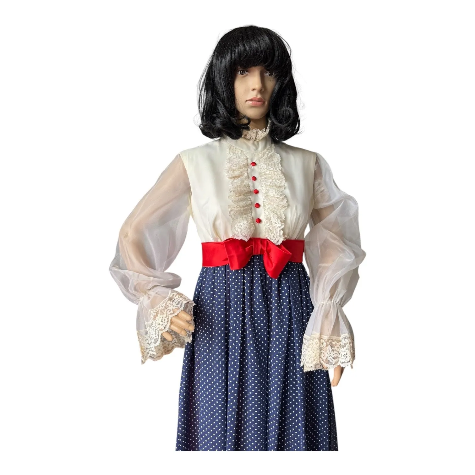 1970s Prairie Victorian Maxi Dress Sheer Sleeves Lace Bib & Red Bow small- med - Image 17