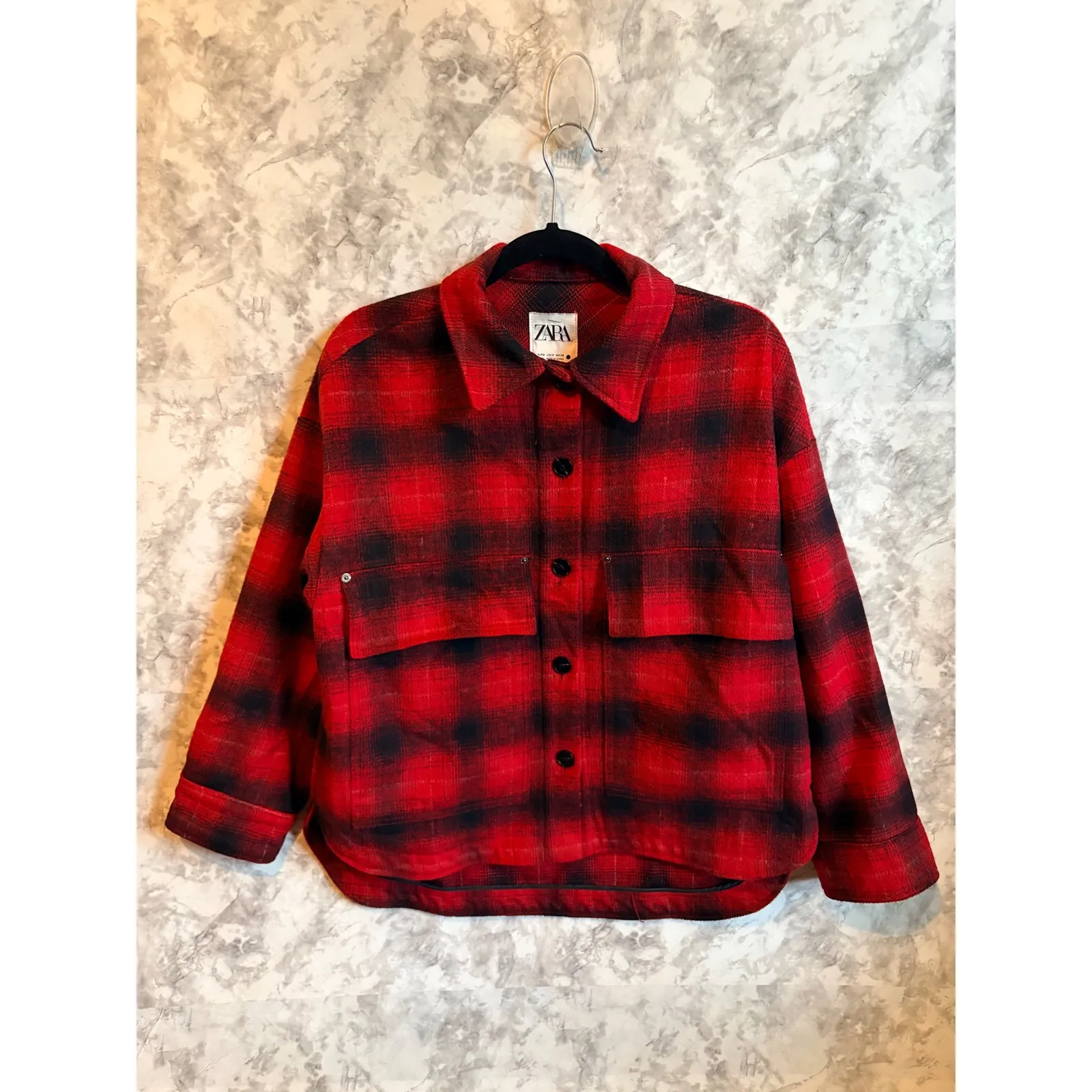 ZARA Red Black Plaid Wool‎ Blend Oversized Shacket Jacket Shirt Women's M - Image 4