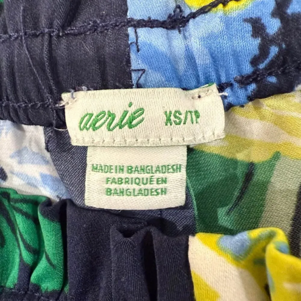 Aerie Satin Ruffle Tropical Floral Sleep Short Pajamas Women's XS Blue Pockets - Image 4