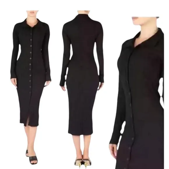 Good American Black Ribbed Button Front Midi Dress - Image 2