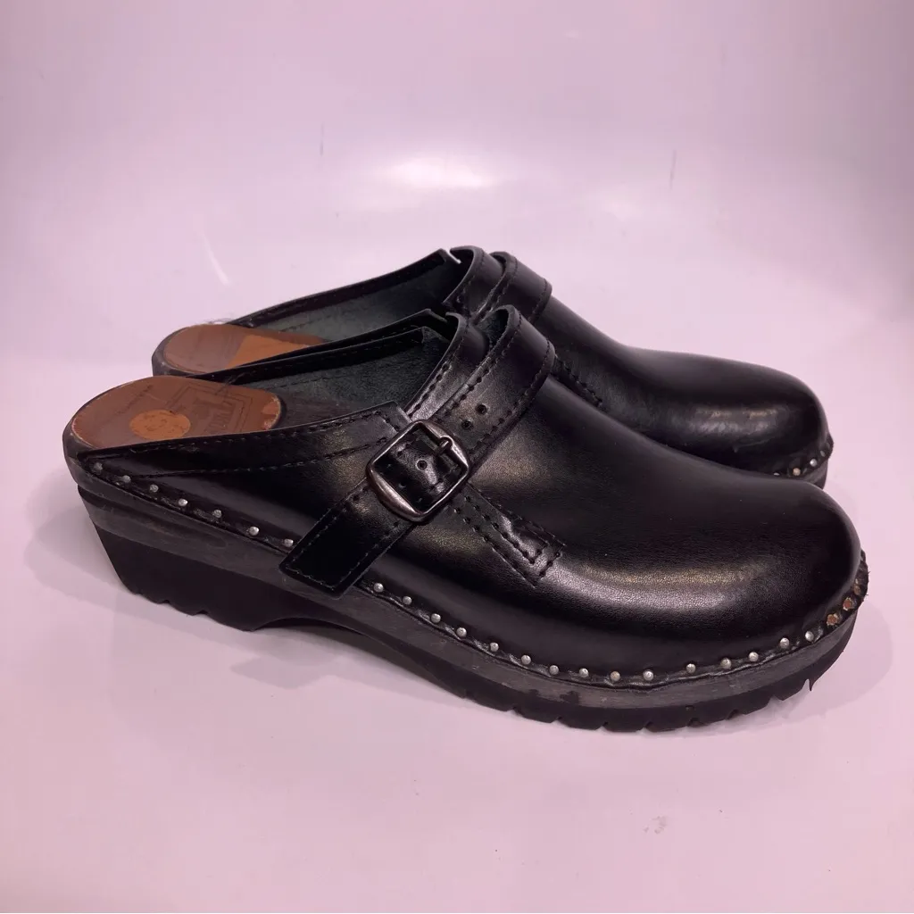 Troentorp Donatello black wood & leather clog mules womens size 39 Swedish clogs - Image 4