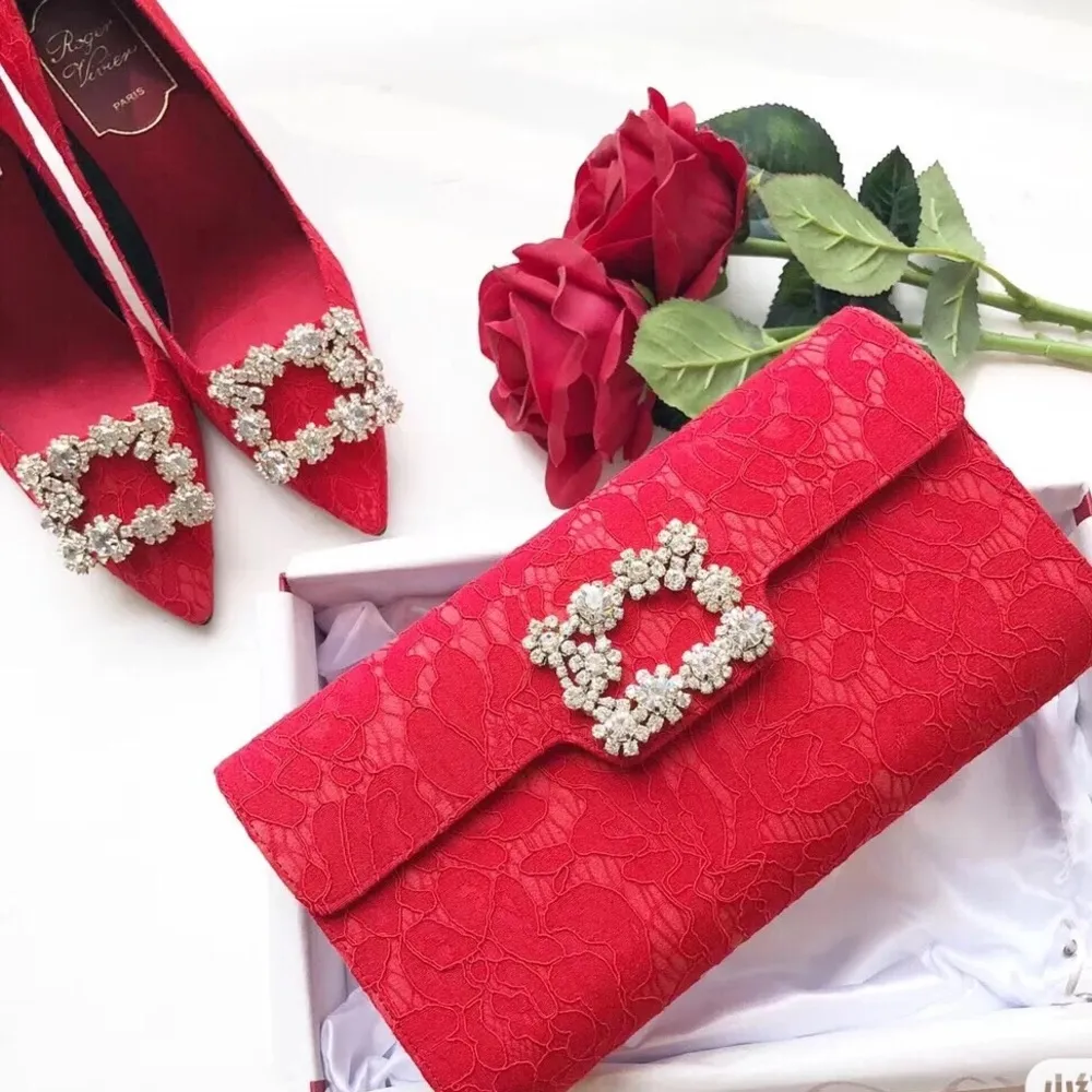 Roger Vivier Bridal Red Lace Flower Strass Crystal 65mm Pump Sz 36.5 New in box - Image 7