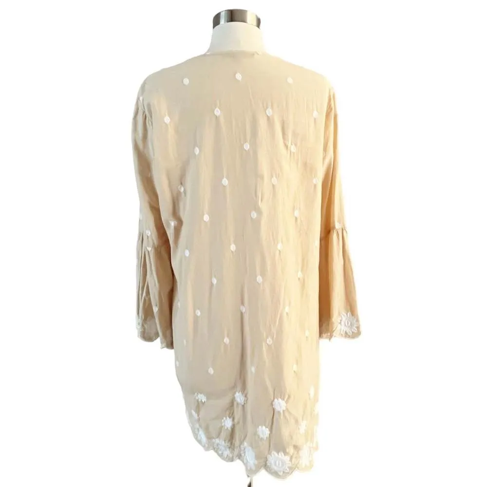 ANTONIO MELANI CoverUp Tunic Tan Embroidery Lace Details Bell Sleeves Neck Tie - Image 7