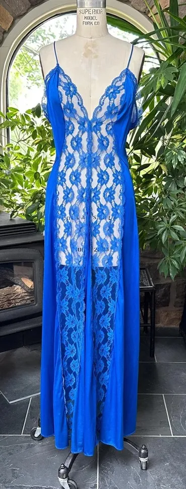 Vintage 70s Val Mode Dreamy Sapphire Blue Glamour Lacy Long Nylon Nightgown - Image 1