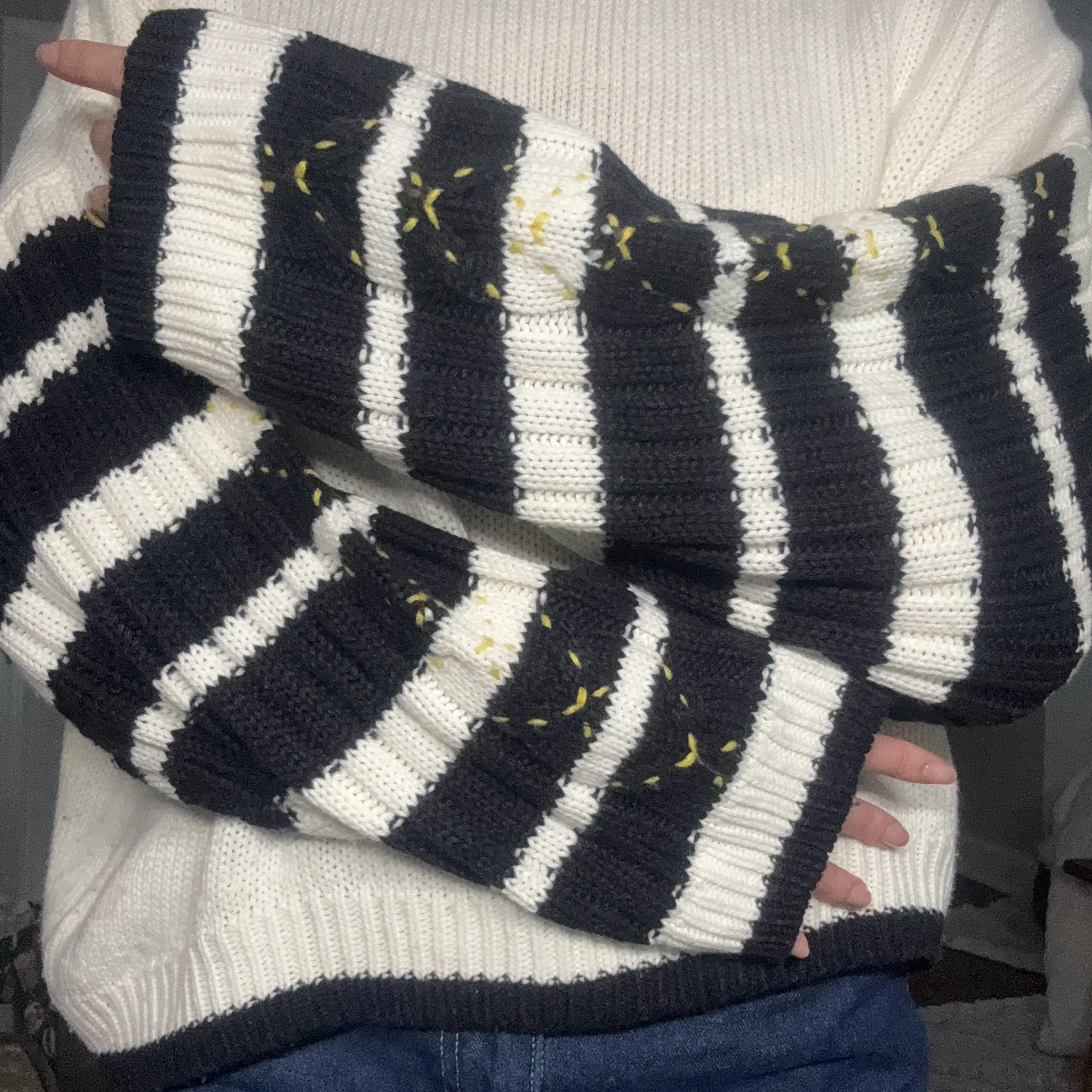 Top shop oversized puff striped sleeve mock neck cable knit sweater medium  - Image 2