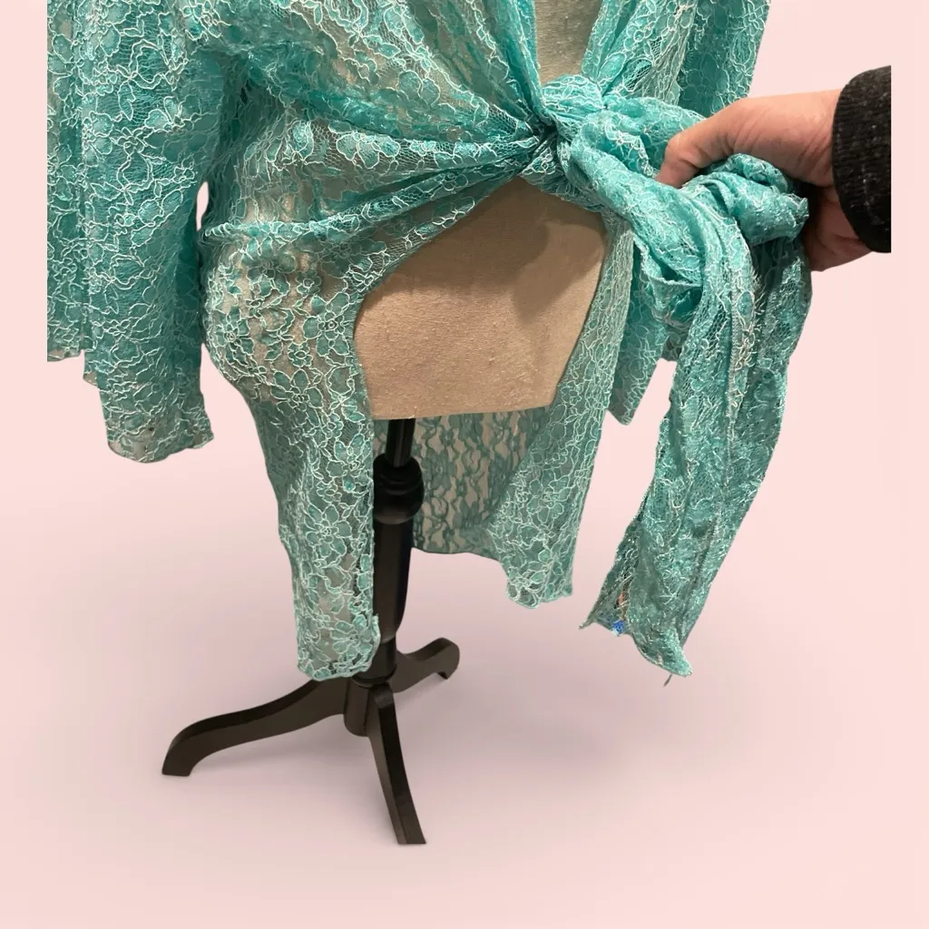 Vintage aquamarine lace tie front wrap top kimono robe swim coverup sheer fairy Blue Size 3X - Image 4