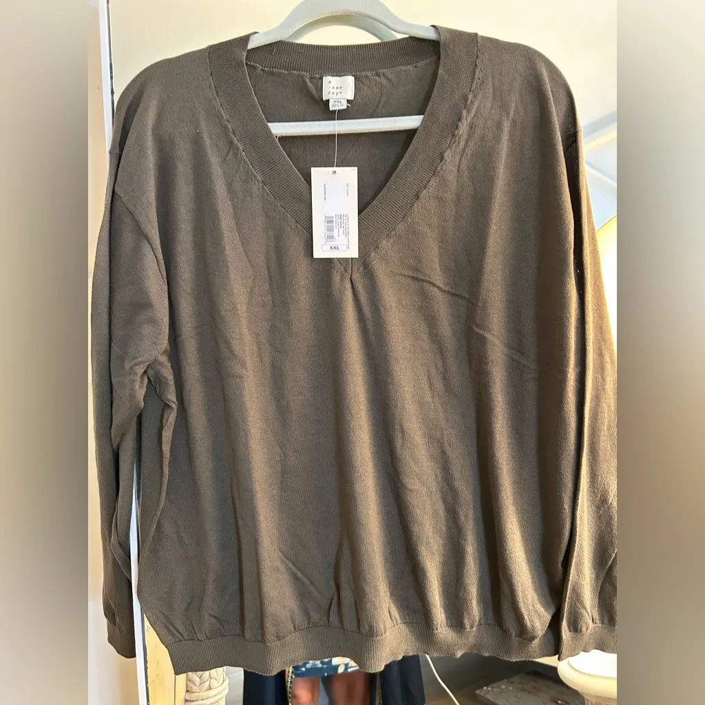 NEW Olive Fine Gauge V-Neck Pullover Sweater A New Day Black 2X - Image 2