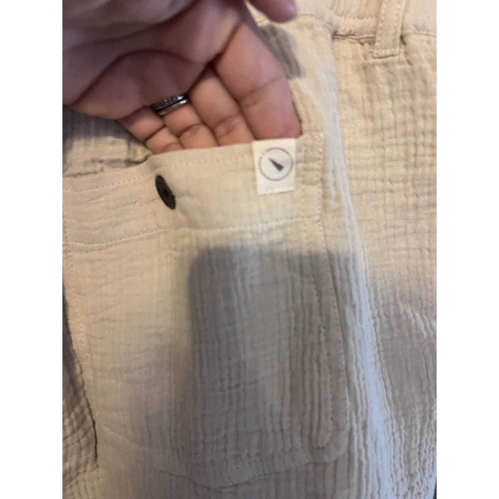 Women Cream Crinckled Cotton Textured Pants Sz Large Elastic Waist Upwest - Image 5