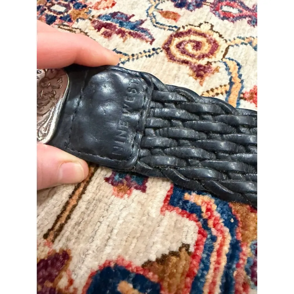 Nine West Black Braided Leather Belt w/ Silver Western Buckle Y2K Vintage - Image 4