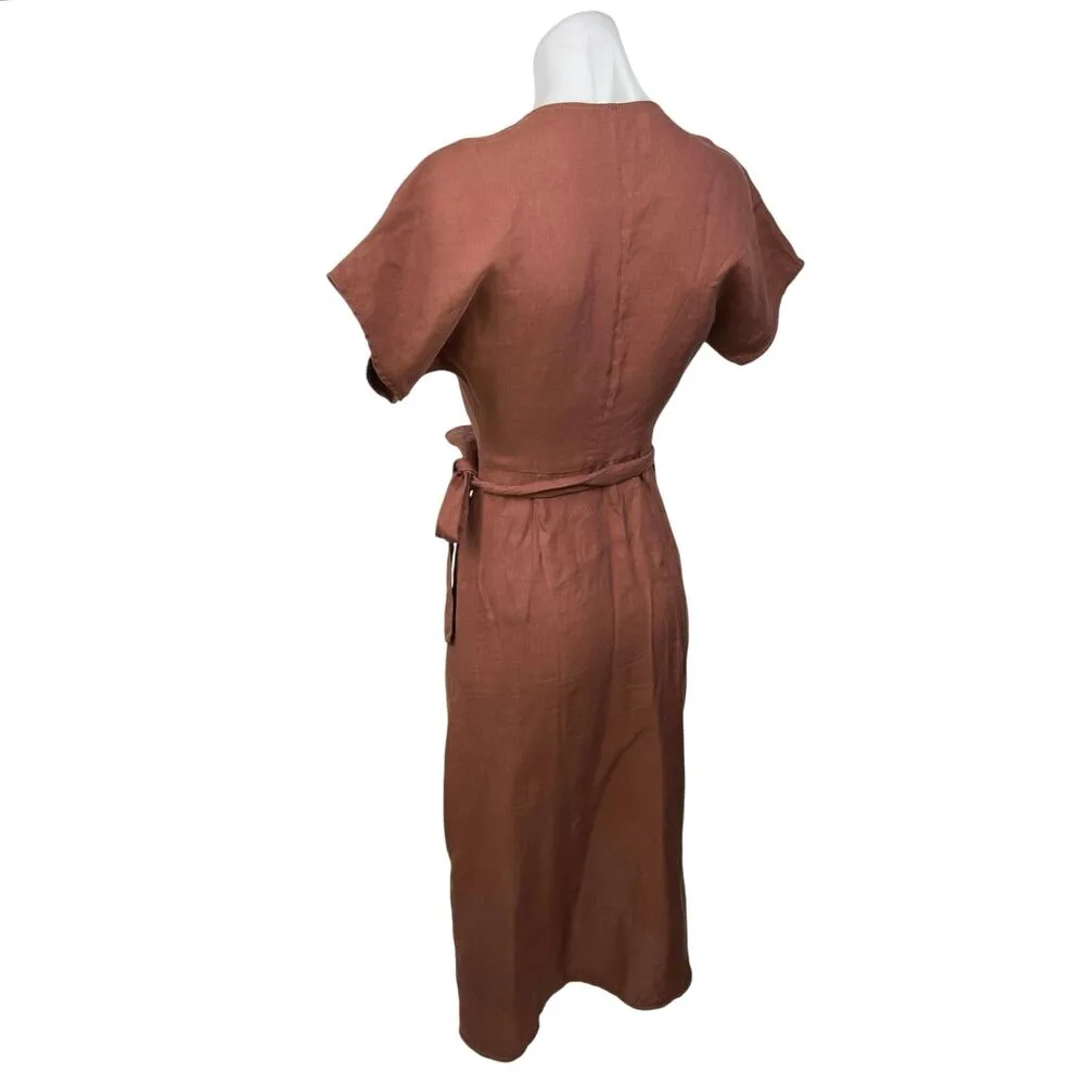 Aritzia Wilfred Linen Blend Brown Short Sleeve Deep V Midi Wrap Dress Size XXS - Image 2
