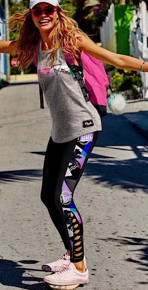 PINK - Victoria's Secret Victoria’s Secret PINK Ultimate High Waist Strappy Neon Tropical Retro Leggings - Image 2