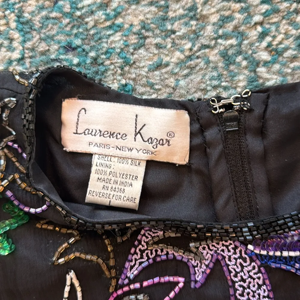 Vintage Laurence Kazar Silk Beaded Floral Blouse Black Multicolor Large - Image 3