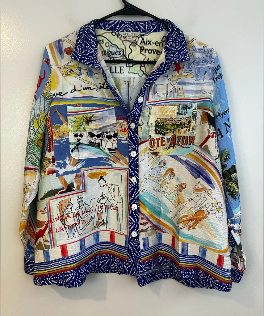 John Mark Oversized Travel Map French Rivera Paradiso Button Down Shirt Size PM - Image 1