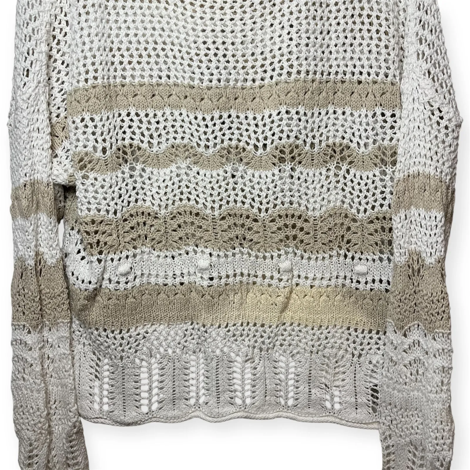 Beachlunchlounge Striped Open Knit Sweater Size M Neutral Beige White Pullover - Image 4