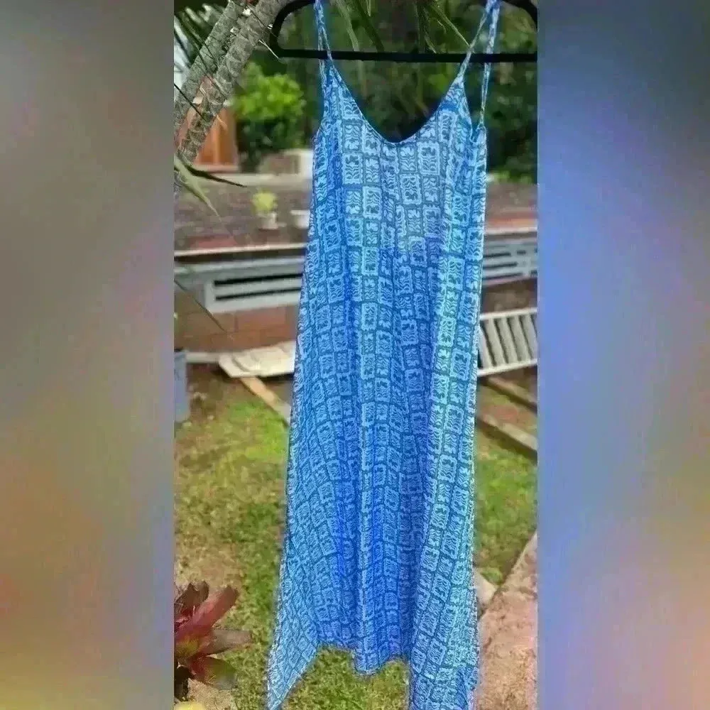 $168 Citrine Swim Leta Dress White Blue Stamp Maxi Large Small Hawaiian Resort - Image 2