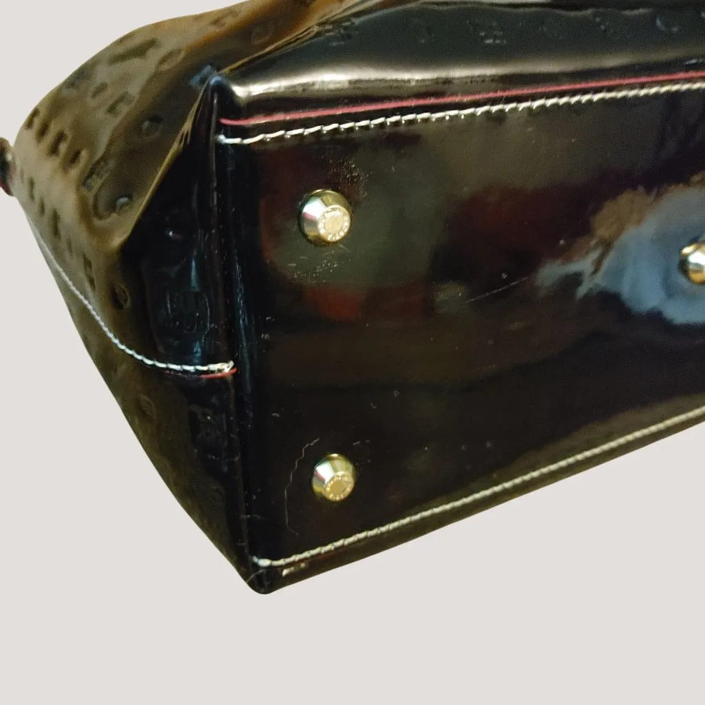 Arcadia Italy Handbag Satchel Black Patent Leather Embossed Design Gold Hardware - Image 12