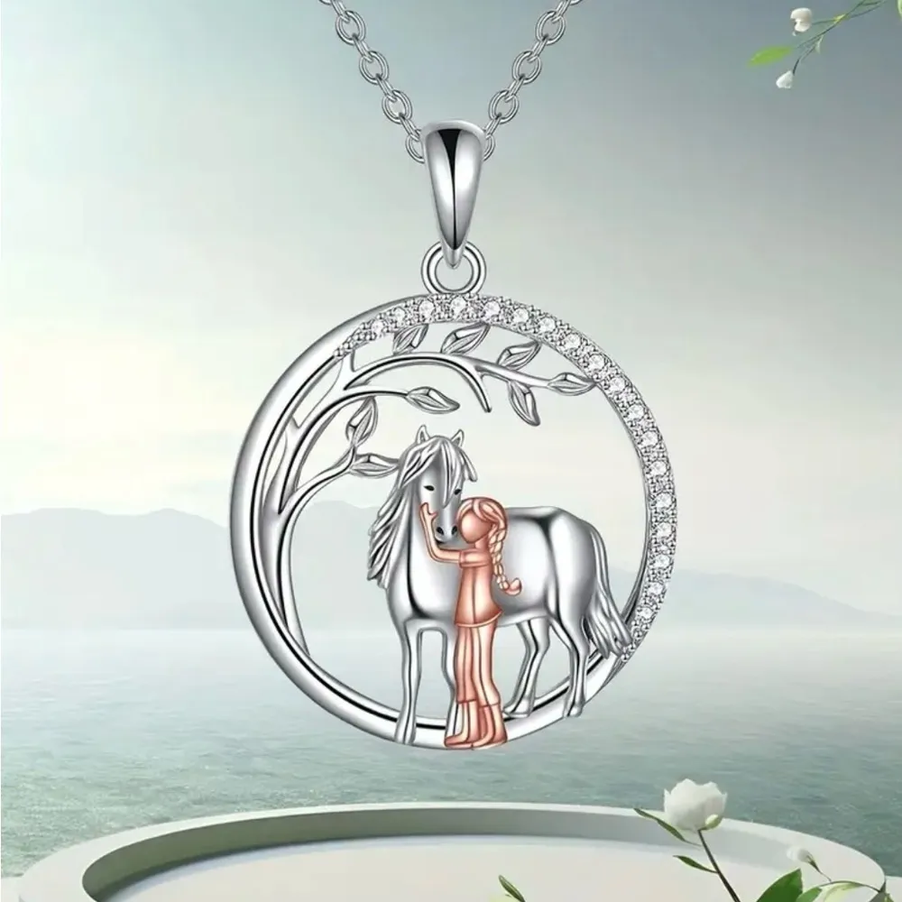 Sterling Silver Rose Gold Horse & Girl Necklace NWT - Image 7