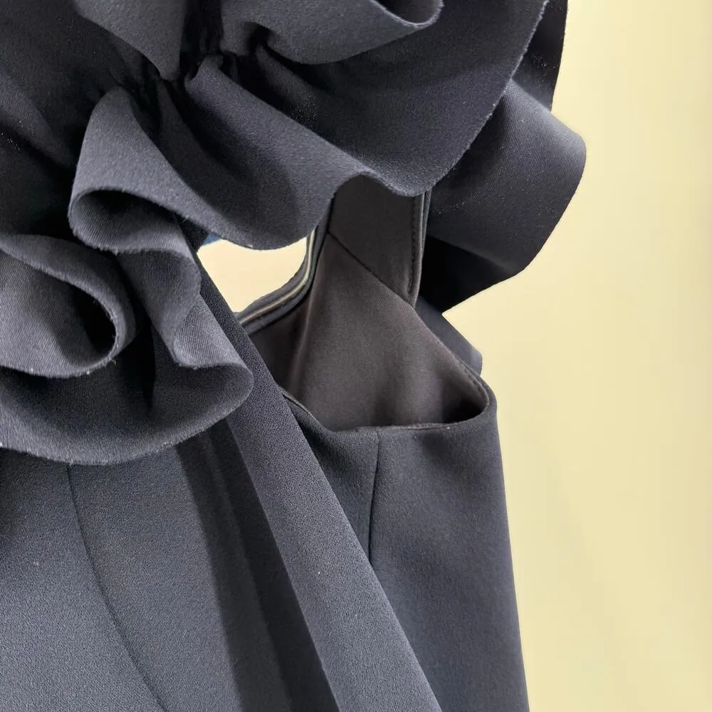 XSCAPE Dress Size 14 Ruffle Off The Shoulder Slit Formal Evening Gown Navy NWT - Image 13