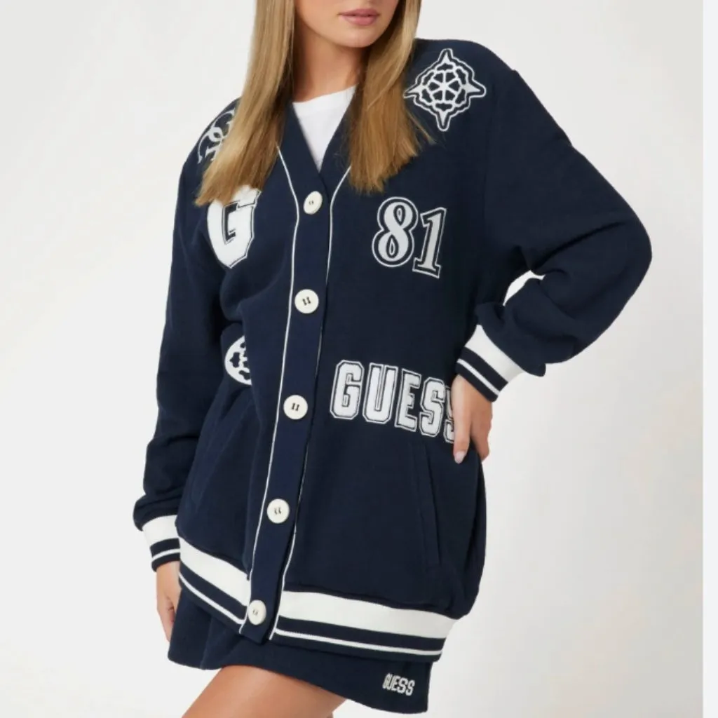 NWT GUESS Eco 81 Patch Varsity Cardigan Navy Blue Oversized Patches Y2K XL - Image 3