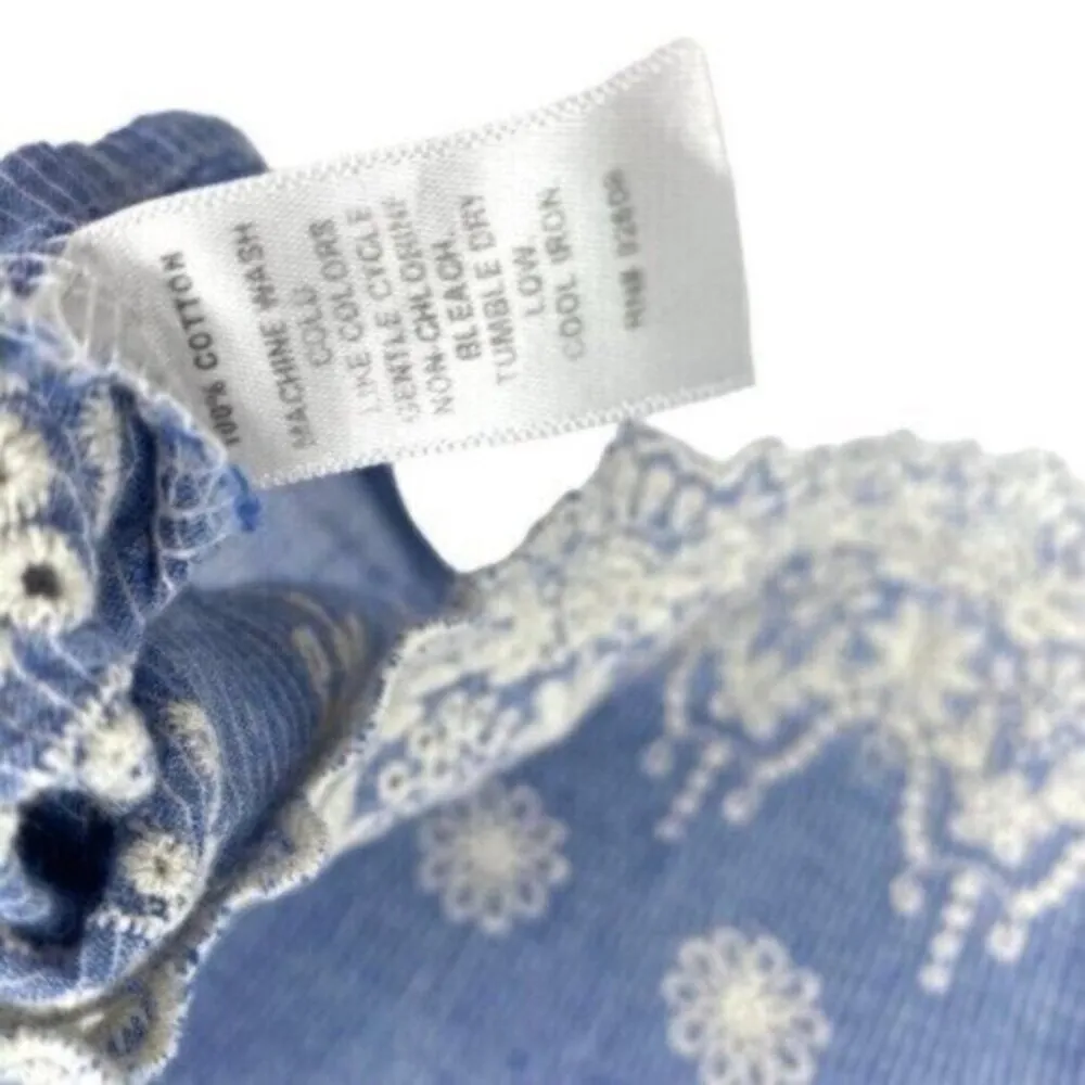 Cottagecore Eyelet Embroidered Chambray Button Back Top Blue Size M - Image 7