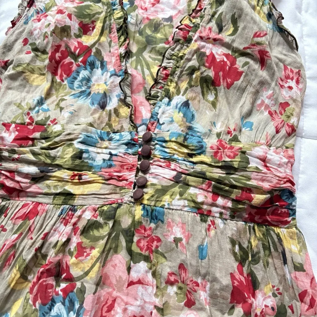 Womens Brown Pink Floral Sleeveless V Neck Dress Summer Beach Classic Peasant Size undefined - Image 4