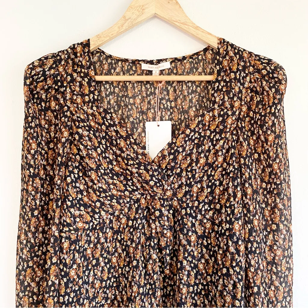 NWT Anthropologie Semi-Sheer Long Sleeve Brown Floral V-neck Babydoll Top Medium - Image 4