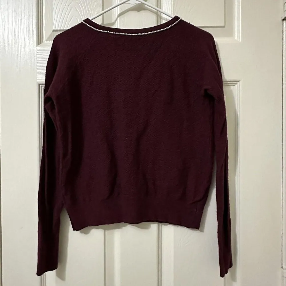 Anthropologie Field Flower Pearled Bow Burgundy Beaded Embellished Sweater Sz S - Image 8