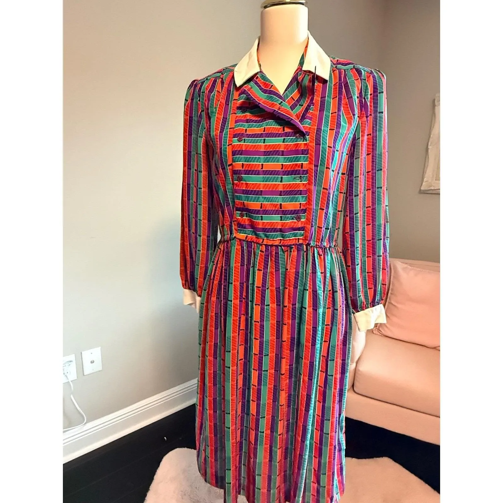 Vintage Gary Lawrence Petites Striped Collar Button Front Midi Dress Women Sz 10 Purple - Image 2