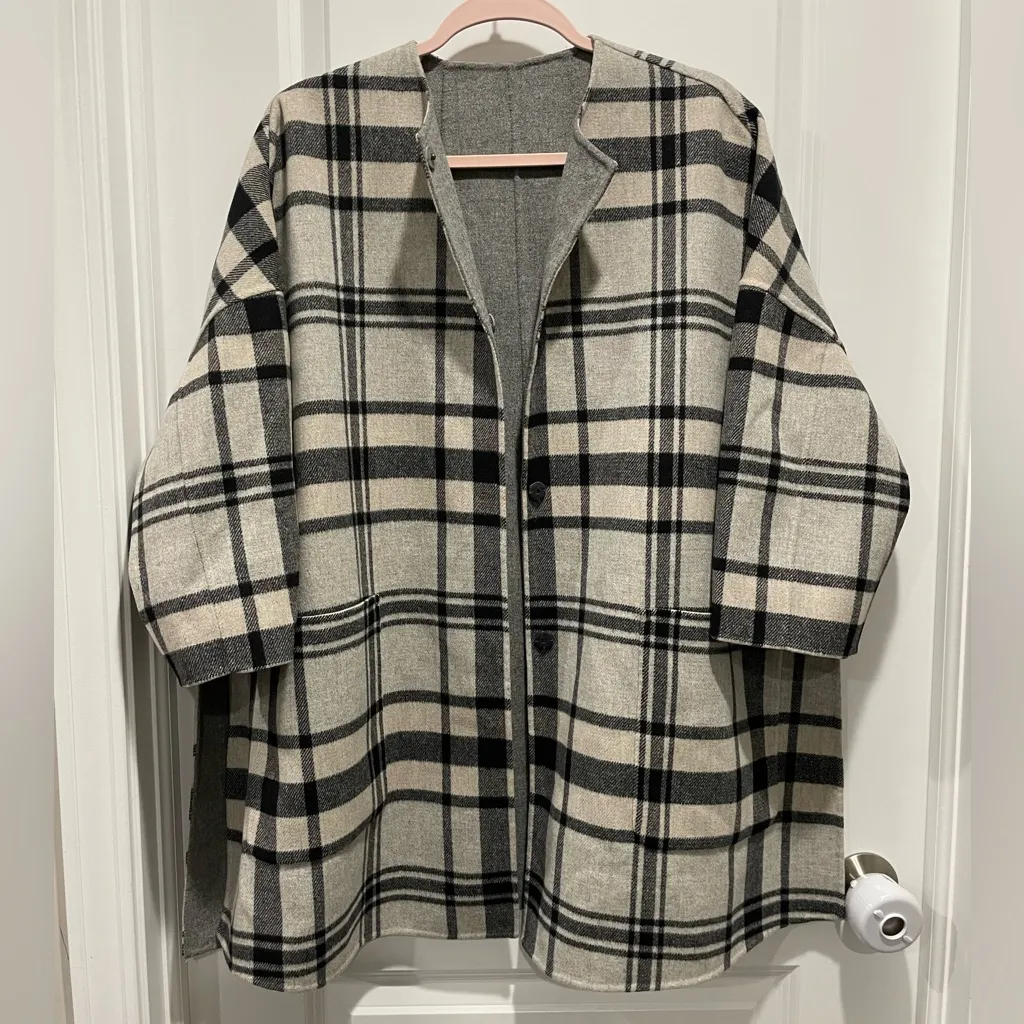 Rare MaxMara Weekend Reversible Checked Gray Black Cream Plaid Wool Coat Size S - Image 5