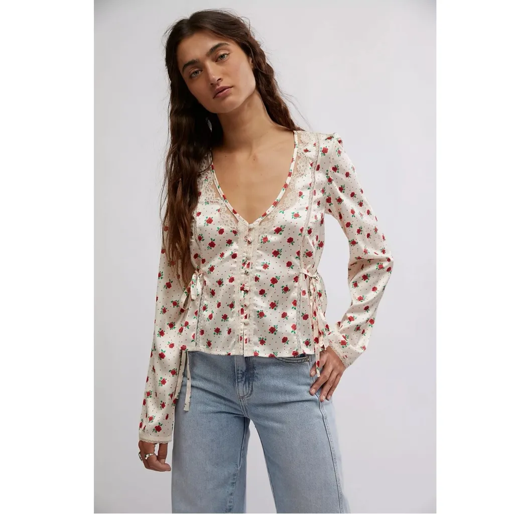 Free People Western Dainty Ethereal Lace Field Of Roses Satin Blouse Size Small - Image 7
