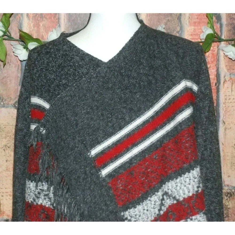 St. John's Bay Ladies L Gray Red Striped Open Front Cardigan Sweater Fringe Cozy - Image 3