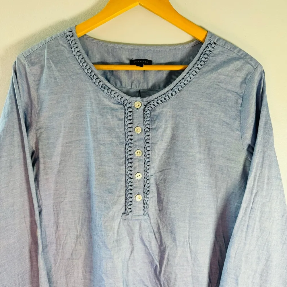 Talbots Denim Embellished Patty Tab Long Sleeve Top Blouse Size Medium - Image 2