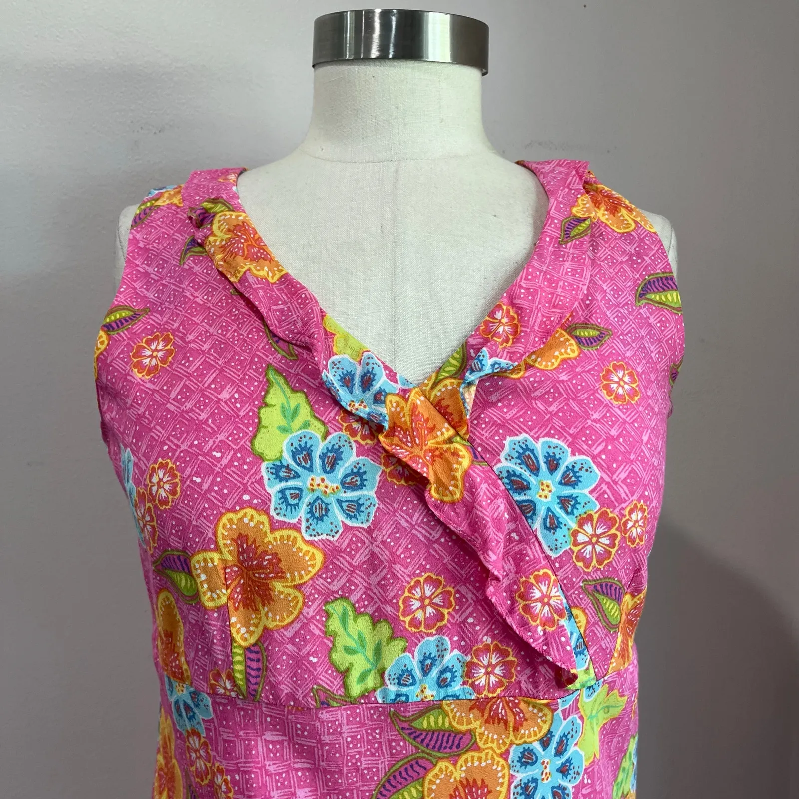 Sigrid Olsen Sport Y2K Pink Floral Sleeveless Ruffle V Neck Midi Dress Size 6 - Image 4