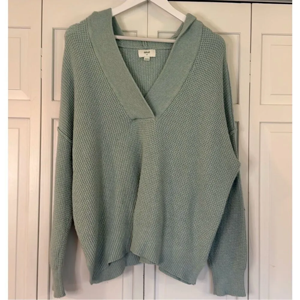 Aerie mint waffle collared hooded sweater size small - Image 9
