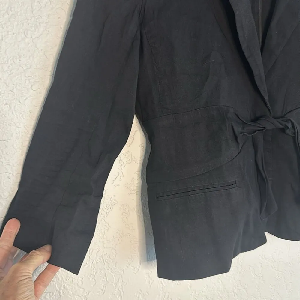 Theory Galina Linen Blazer Center Tie Black Career Office Twee School Preppy - Image 4