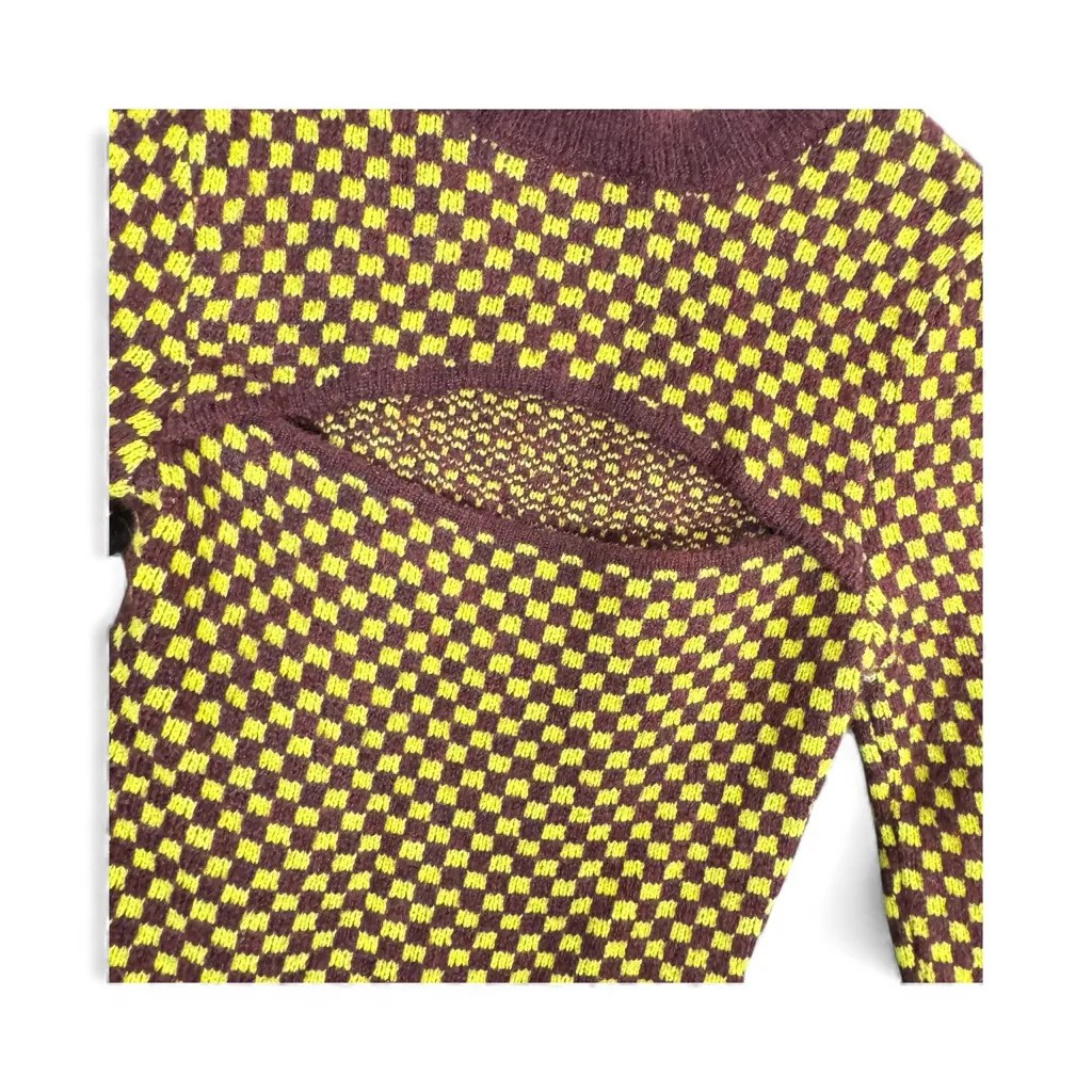ZARA Checkerboard Keyhole Knit Sweater Yellow Brown S 90s Y2K Neon Grunge Skater - Image 3