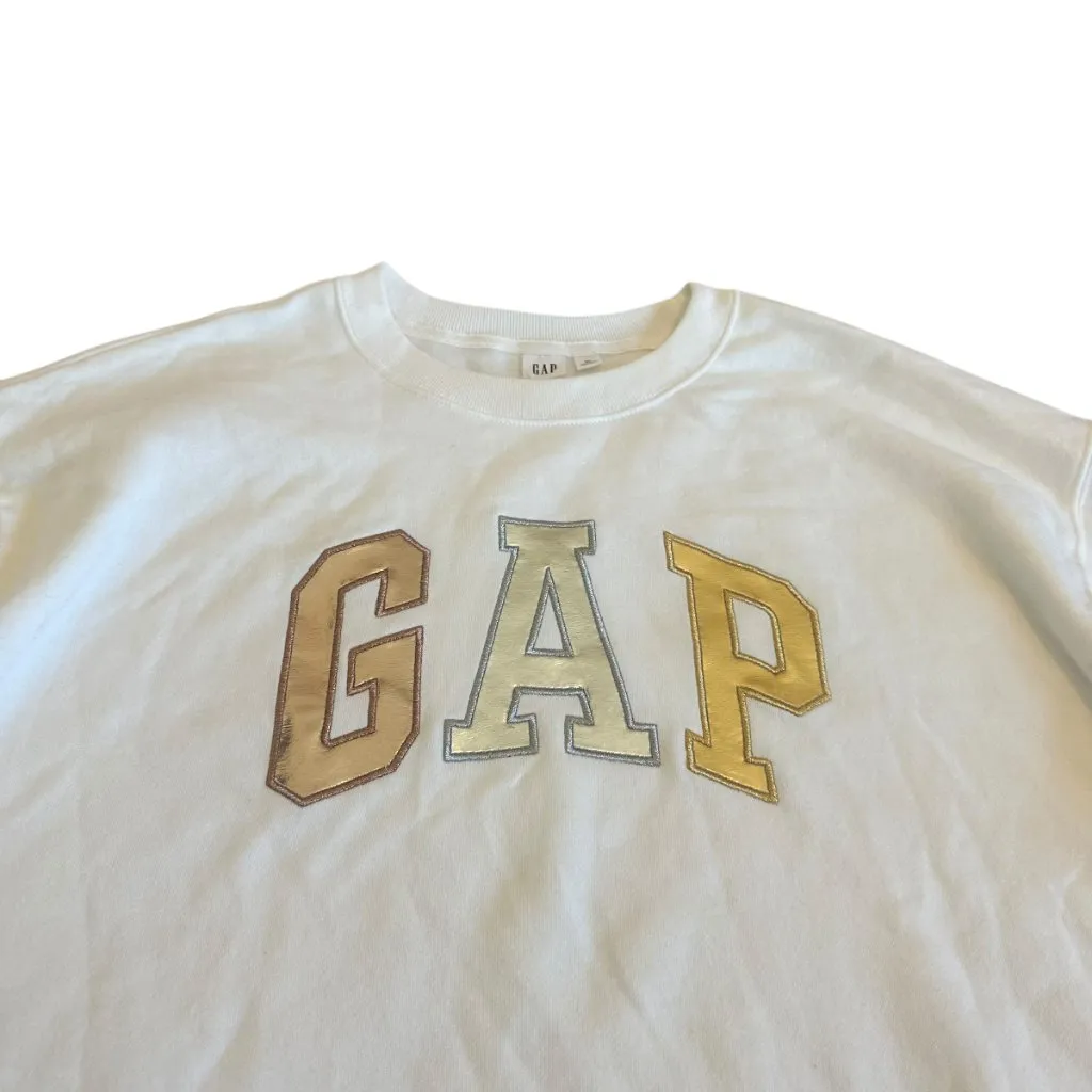 Gap Oversized Pullover Sweatshirt Sweater White Gold Silver Logo Stretch Size XL - Image 2