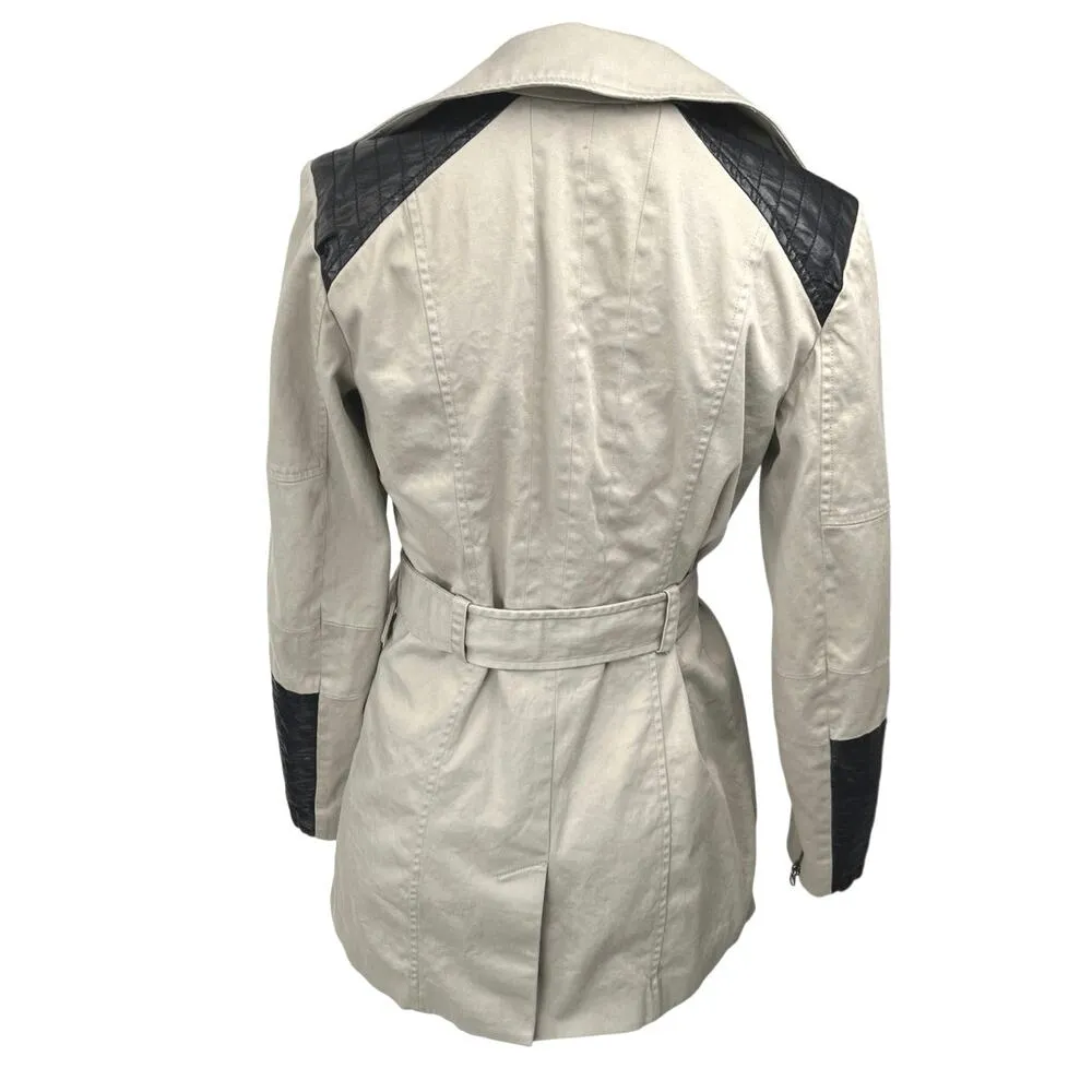 Guess Women's Tan Leather Trim Long Sleeve Zip Up Belted Trench Coat Jacket Sz S - Image 2