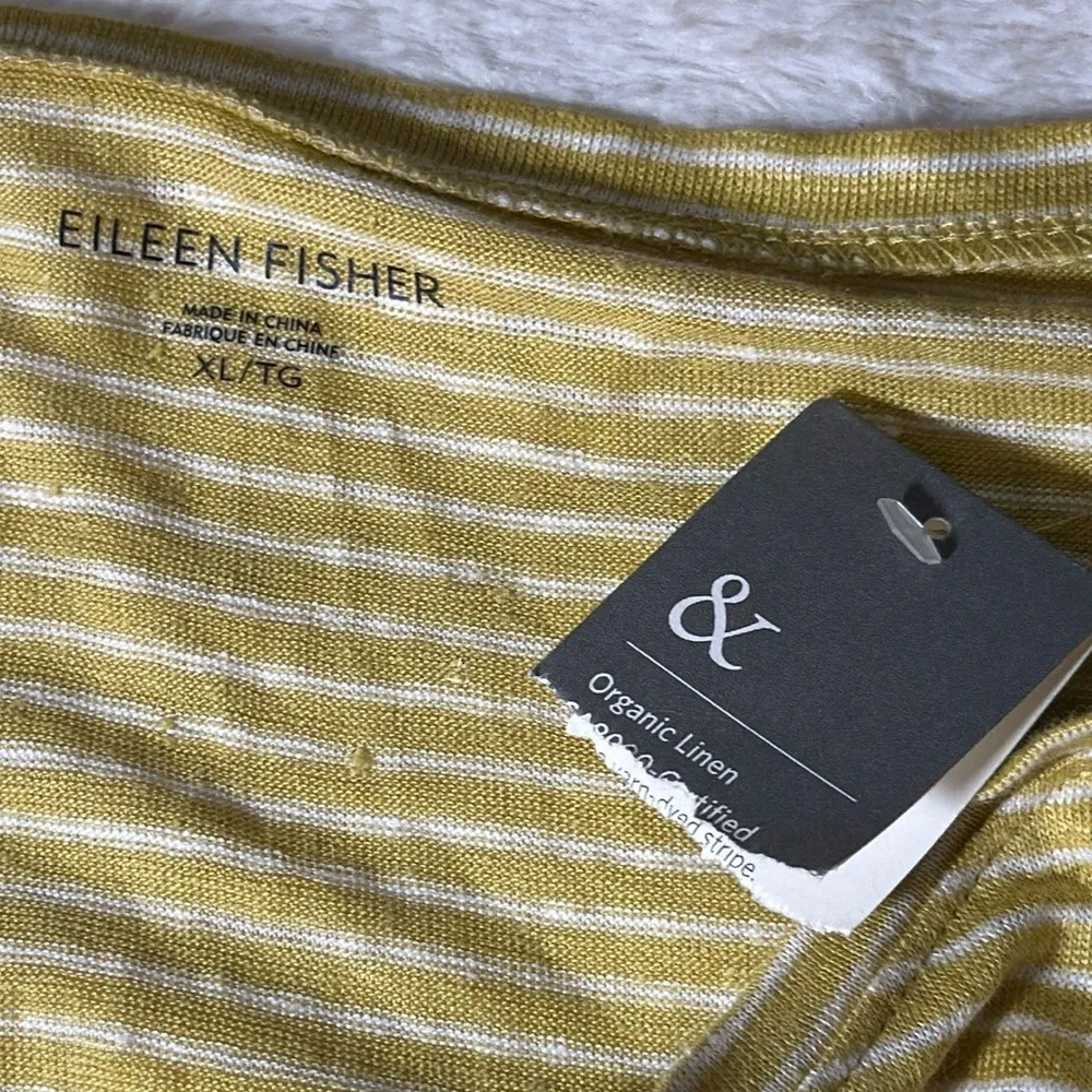 Eileen Fisher Yellow Ochre Organic Linen Jersey Skinny Stripes Boxy Top XL NEW - Image 10